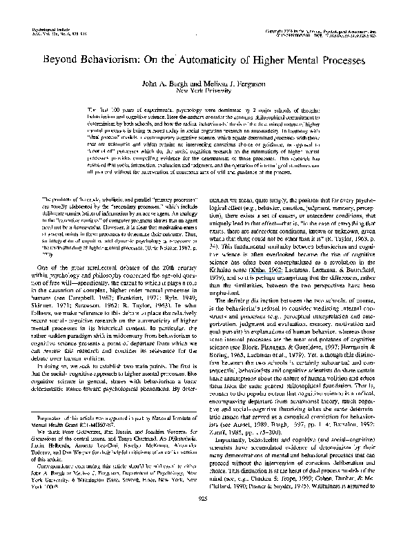 Pdf Beyond Behaviorism On The Automaticity Of Higher Mental Processes John Bargh And Melissa Ferguson Academia Edu