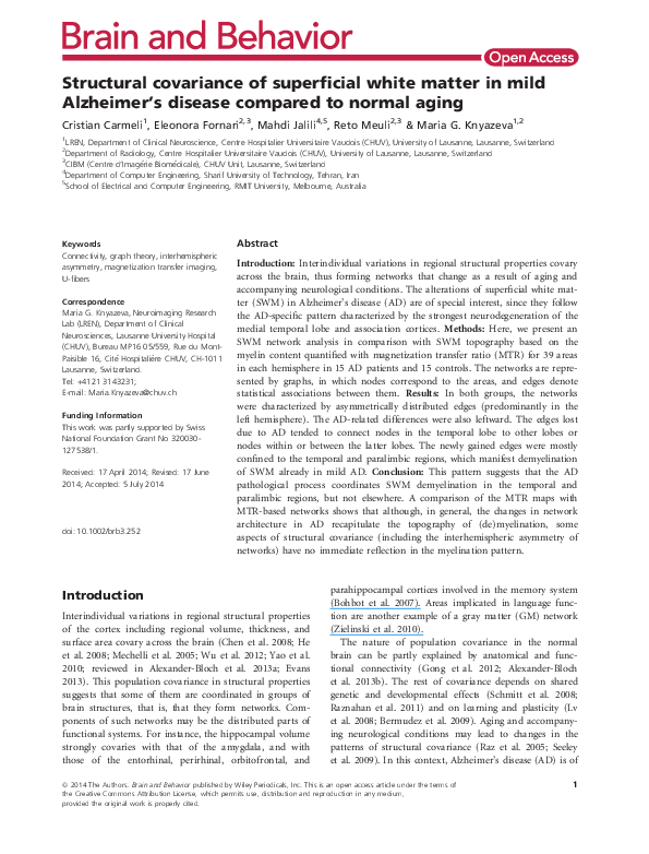 (PDF) Structural covariance of superficial white matter in mild ...