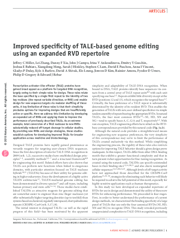 (PDF) Improved specificity of TALE-based genome editing using an ...