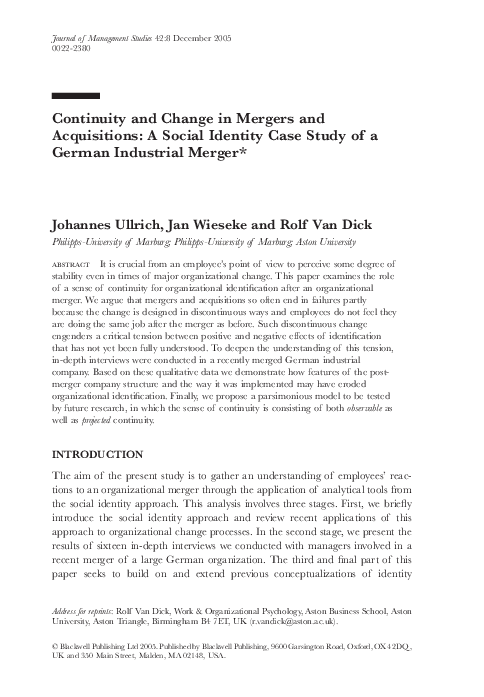 (PDF) Continuity and Change in Mergers and Acquisitions: A Social ...