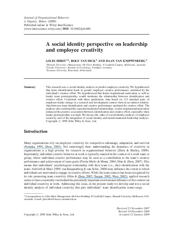 (PDF) A social identity perspective on leadership and employee creativity