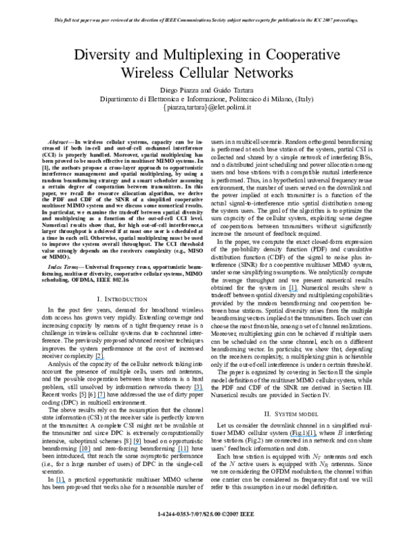 (PDF) Diversity and Multiplexing in Cooperative Wireless Cellular Networks