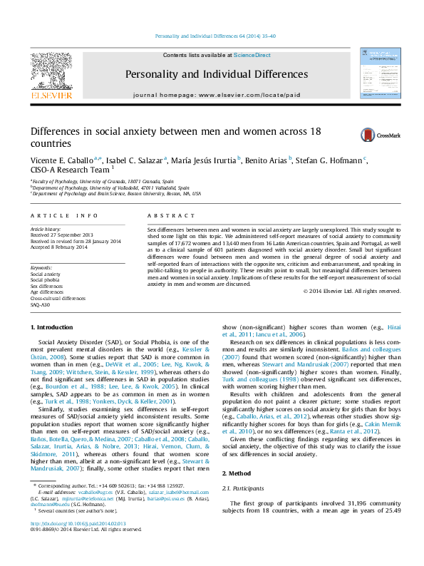 (PDF) Differences in social anxiety between men and women across 18 ...