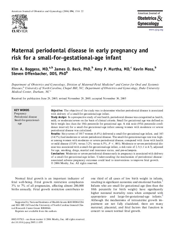 (PDF) Maternal periodontal disease in early pregnancy and risk for a ...