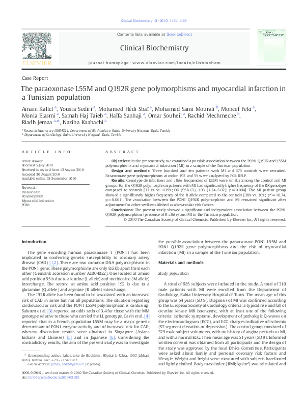 (PDF) The paraoxonase L55M and Q192R gene polymorphisms and myocardial ...