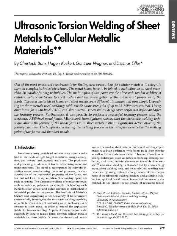 (PDF) Ultrasonic Torsion Welding of Sheet Metals to Cellular Metallic
