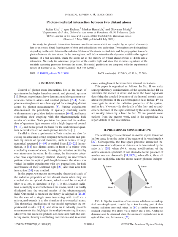 (PDF) Photon-mediated interaction between two distant atoms