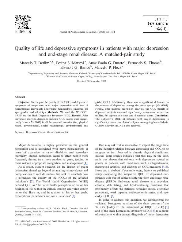 (PDF) Quality of life and depressive symptoms in patients with major ...