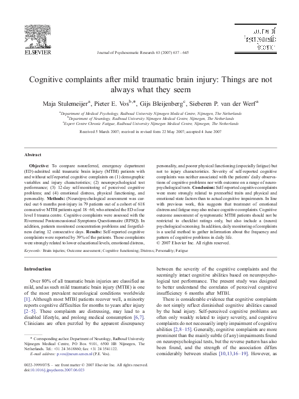 (PDF) Cognitive complaints after mild traumatic brain injury: Things ...