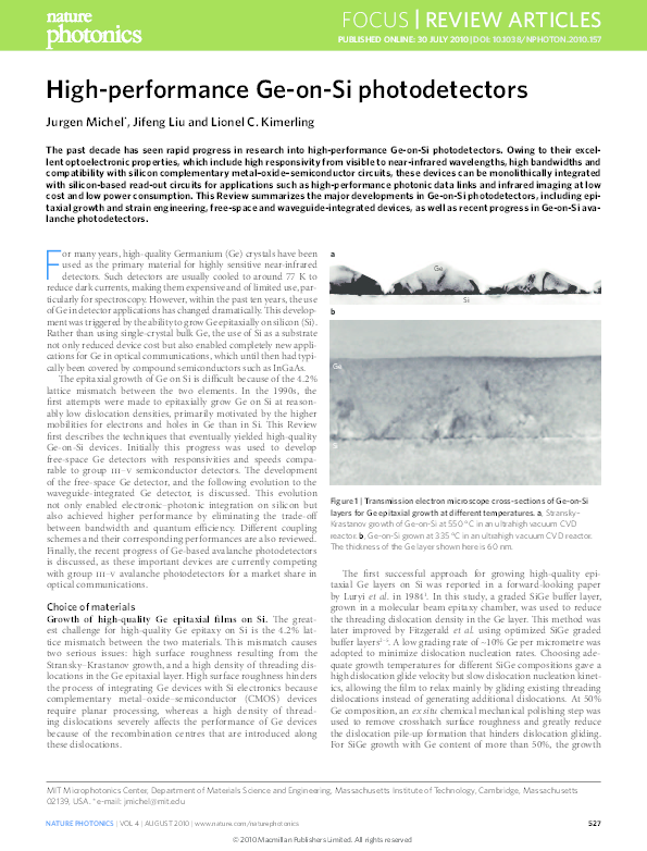 (PDF) Highperformance GeonSi photodetectors Jurgen Michel
