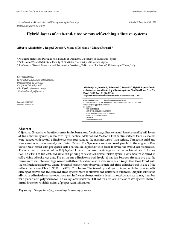 (PDF) Hybrid layers of etchandrinse versus selfetching adhesive