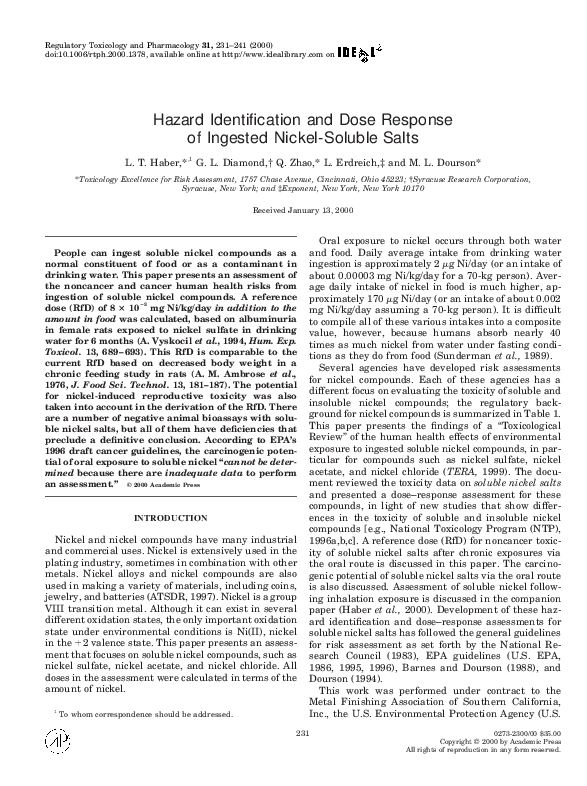 (PDF) Hazard identification and dose response of ingested nickel
