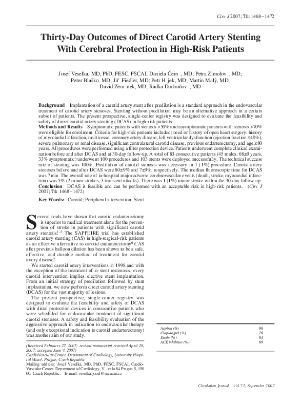 (PDF) Thirty-Day Outcomes of Direct Carotid Artery Stenting With ...