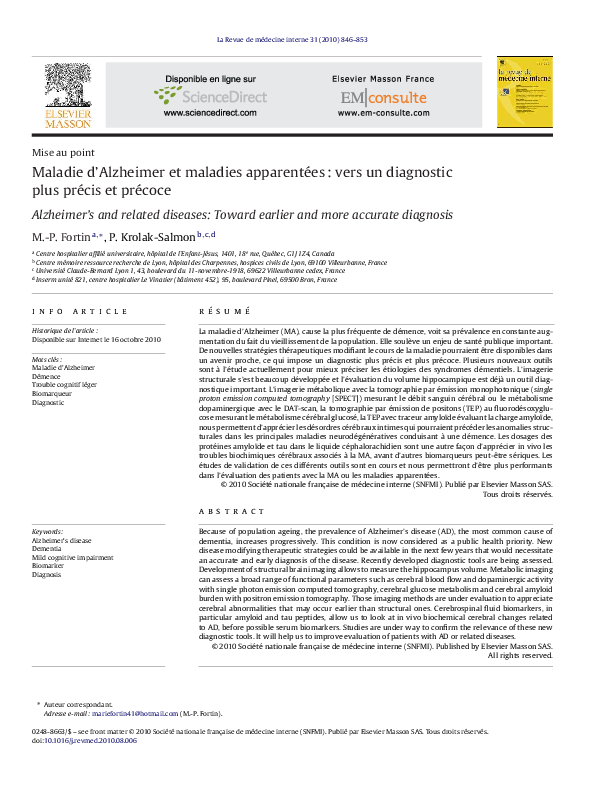 (PDF) Maladie d’Alzheimer et maladies apparentées : vers un diagnostic ...