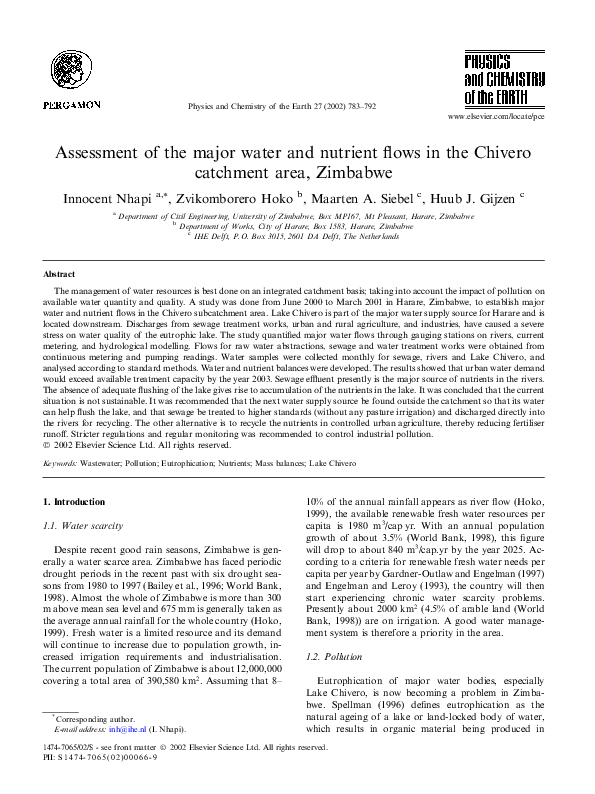 Pdf Assessment Of The Major Water And Nutrient Flows In The Chivero Catchment Area Zimbabwe Innocent Nhapi And Huub Gijzen Academia Edu