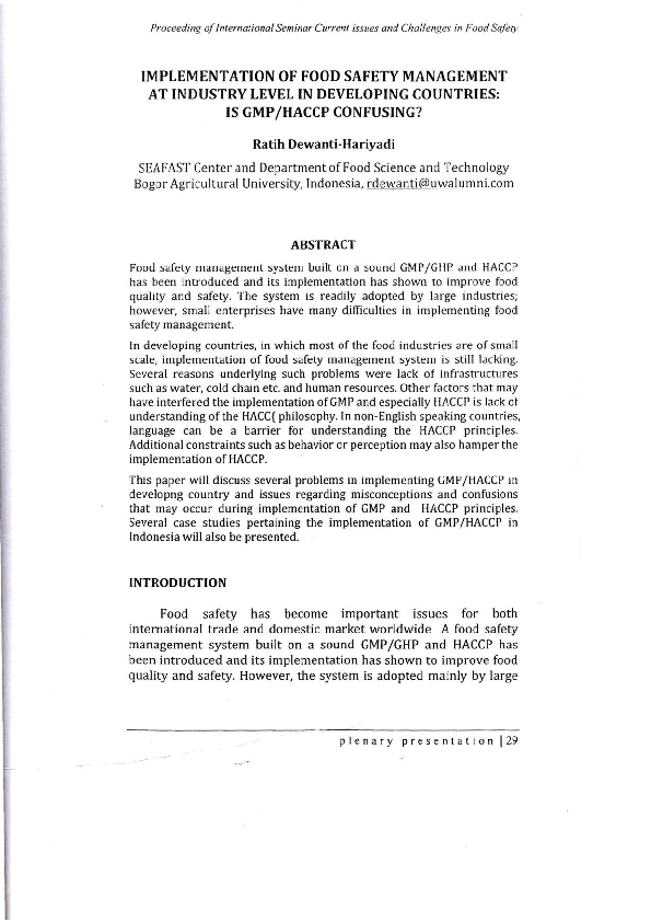(PDF) Implementation of Food Safety Management at Industry Level in ...