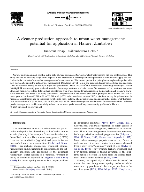 (PDF) A cleaner production approach to urban water management
