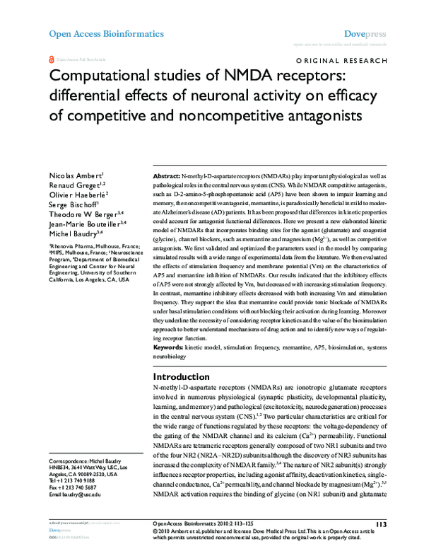 (PDF) Computational studies of NMDA receptors: differential effects of ...