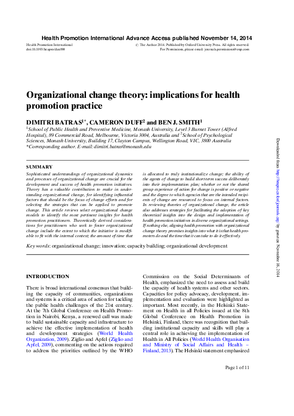 Pdf Organizational Change Theory Implications For Health Promotion