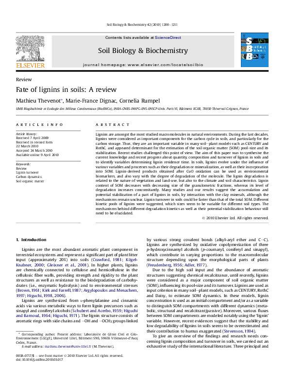 Pdf Fate Of Lignins In Soils A Review Pdf Fate Of Lignins In Soils A Review