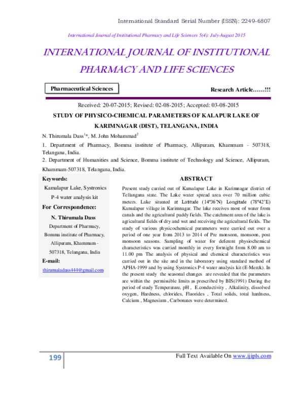 (PDF) STUDY OF PHYSICO-CHEMICAL PARAMETERS OF KALAPUR LAKE OF ...