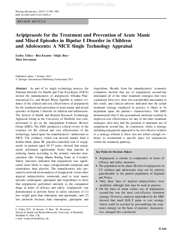 (PDF) Aripiprazole for the Treatment and Prevention of Acute Manic and ...