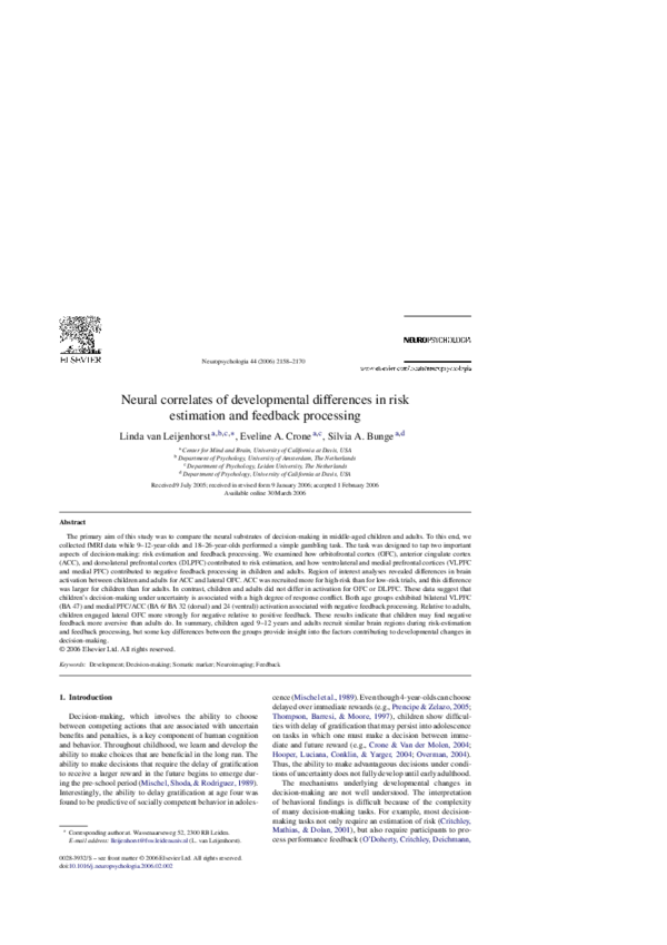 (PDF) Neural correlates of developmental differences in risk estimation ...