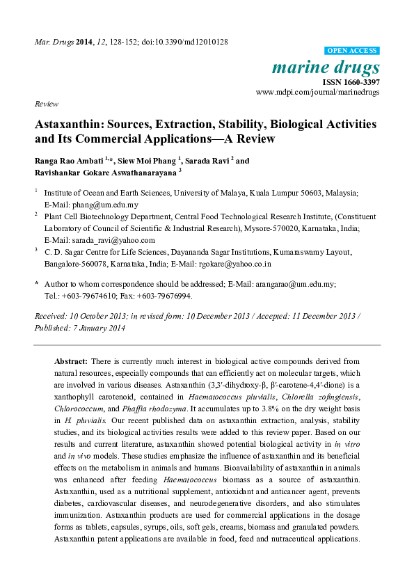 Picture of (PDF) Astaxanthin: Sources, Extraction, Stability, Biological ...
