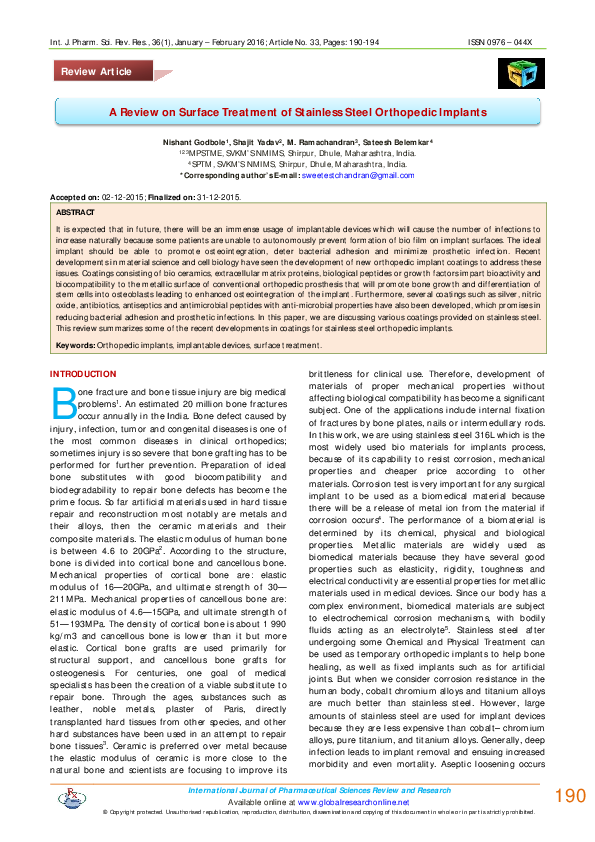 (PDF) A Review on Surface Treatment of Stainless Steel Orthopedic