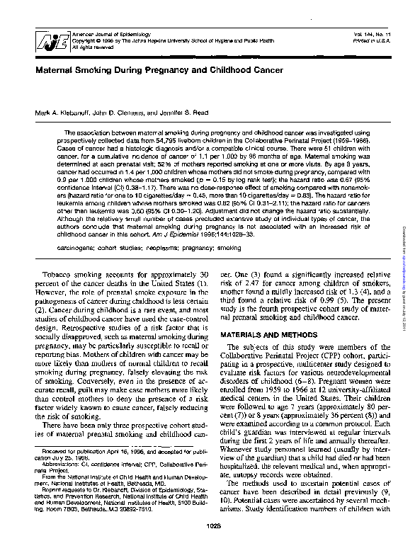 (PDF) Maternal Smoking During Pregnancy and Childhood Cancer