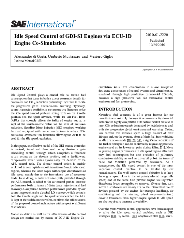 (PDF) Idle Speed Control of GDISI Engines via ECU1D Engine Co