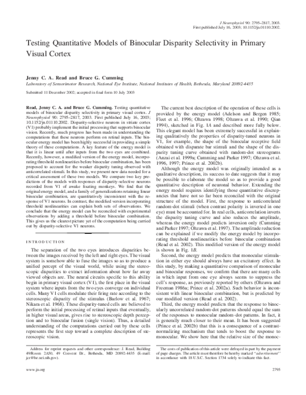(PDF) Testing Quantitative Models of Binocular Disparity Selectivity in