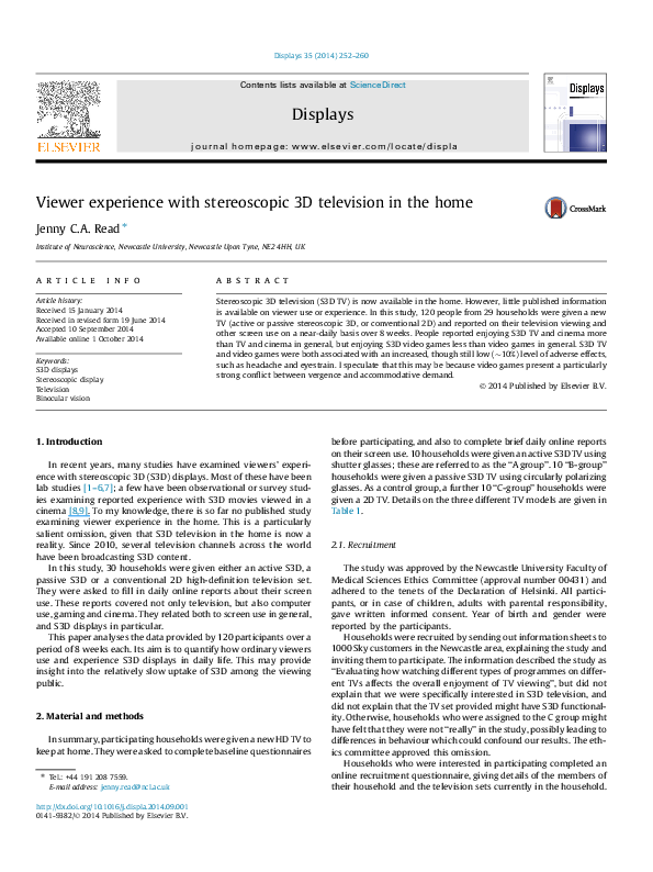 (PDF) Viewer experience with stereoscopic 3D television in the home