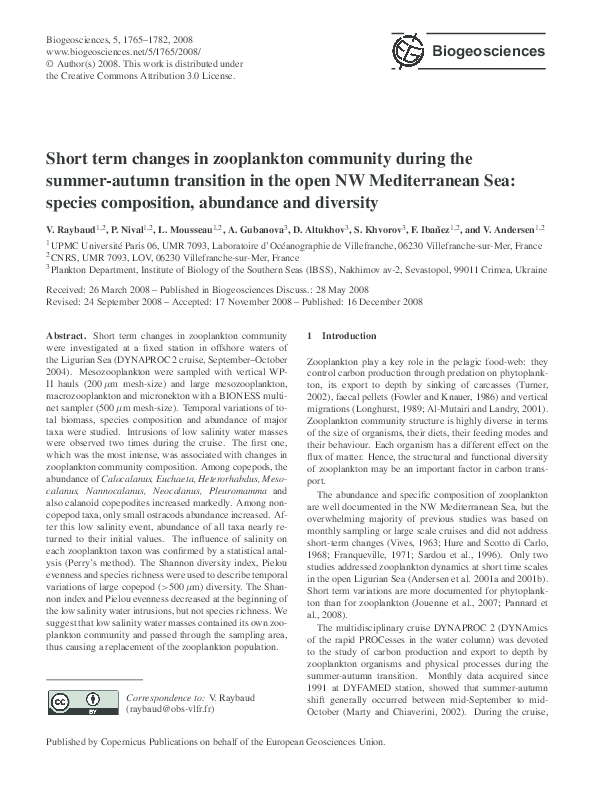 (PDF) Short term changes in zooplankton community during the summer ...