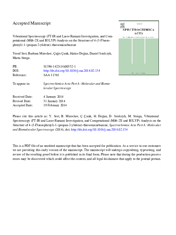 Pdf Vibrational Spectroscopy Ft Ir And Laser Raman Investigation And Computational M06 2x And B3lyp Analysis On The Structure Of 4 3 Fluorophenyl 1 Propan 2 Ylidene Thiosemicarbazone Marta Struga Academia Edu