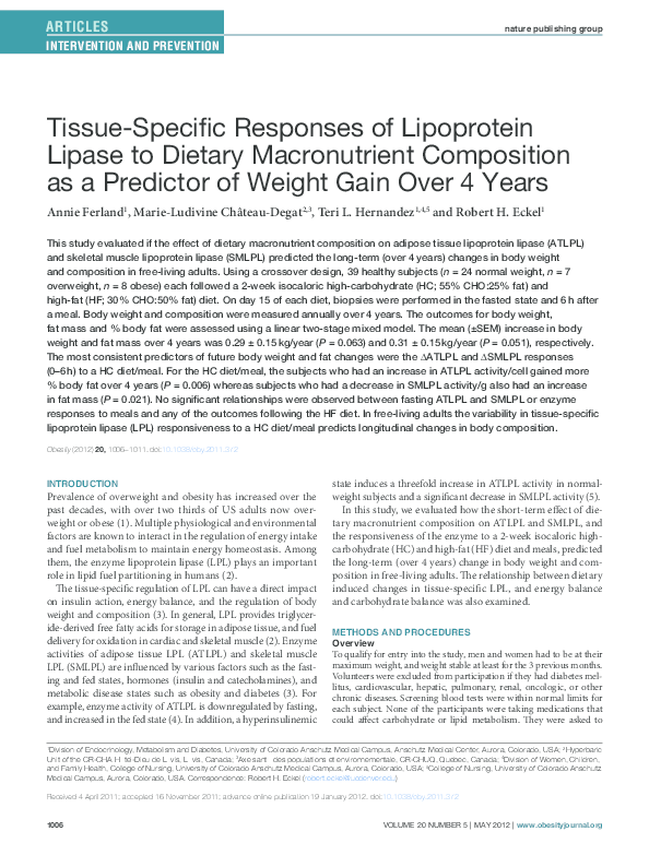 (PDF) TissueSpecific Responses of Lipoprotein Lipase to Dietary
