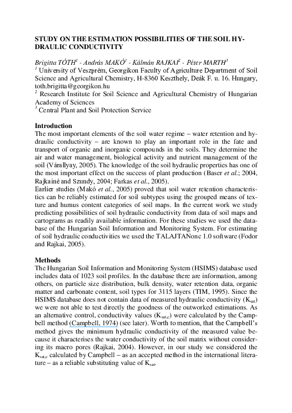 (PDF) Study the estimation possibilities of soil hydraulic conductivity