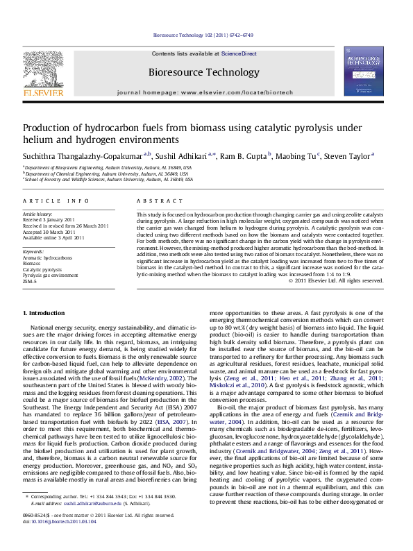 (PDF) Production of hydrocarbon fuels from biomass using catalytic ...