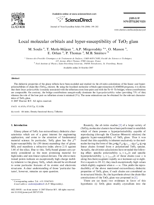 (PDF) Local molecular orbitals and hyper-susceptibility of TeO2 glass