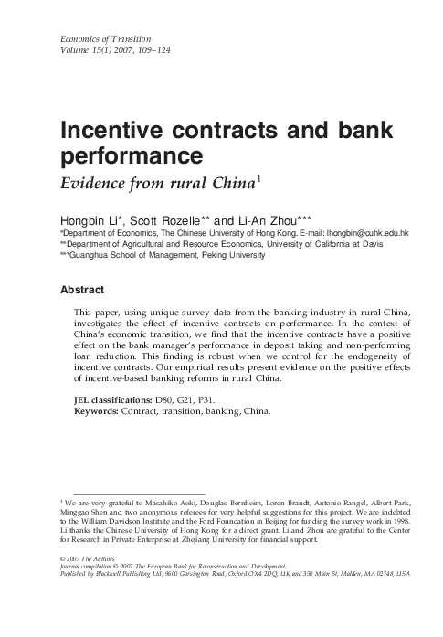 (PDF) Incentive contracts and bank performance
