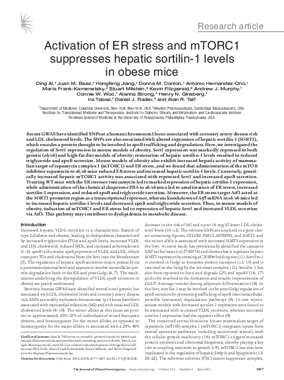 (PDF) Activation of ER stress and mTORC1 suppresses hepatic sortilin-1 ...