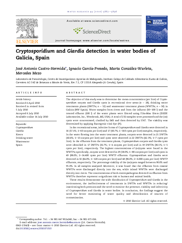 (PDF) Cryptosporidium and Giardia detection in water bodies of Galicia ...