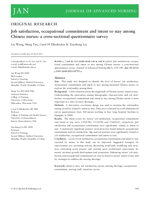 (PDF) Job satisfaction, occupational commitment and intent to stay