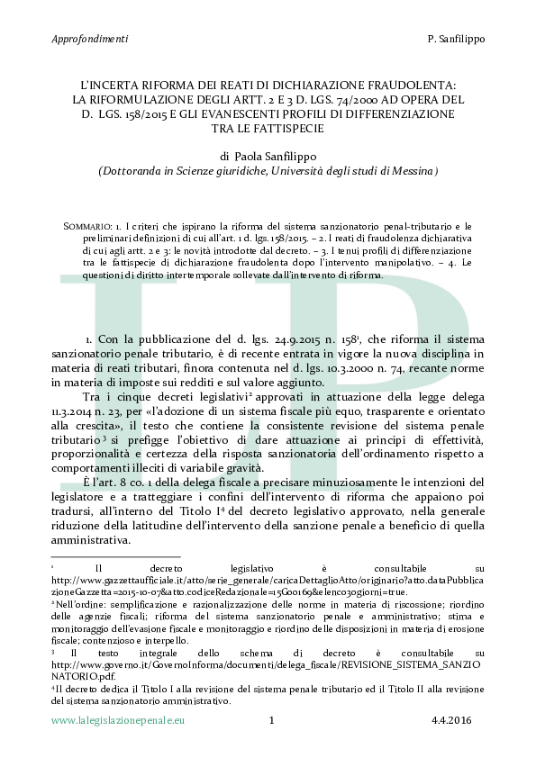 (PDF) L'incerta riforma dei reati di dichiarazione fraudolentala riformulazione degli artt. 2 e
