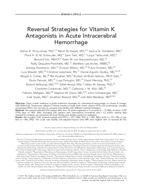 (PDF) Reversal strategies for vitamin K antagonists in acute