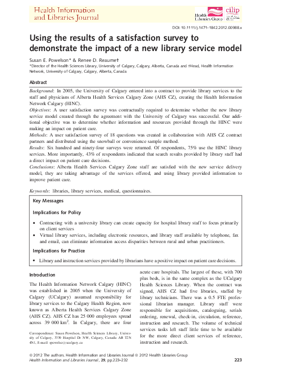 (PDF) Using the results of a satisfaction survey to demonstrate the ...
