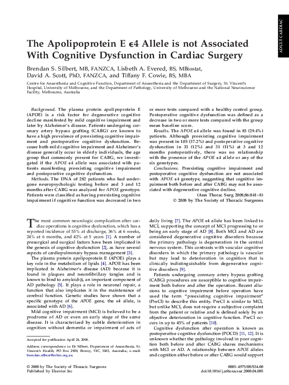 (PDF) The Apolipoprotein E ϵ4 Allele is not Associated With Cognitive ...