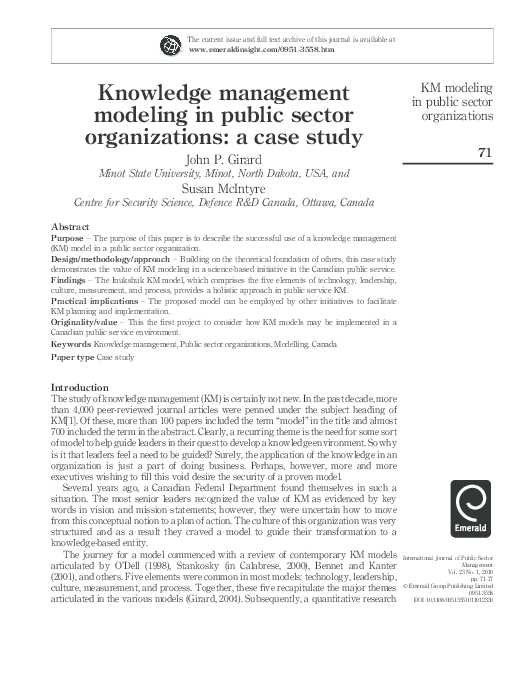 (PDF) Knowledge management modeling in public sector organizations: a ...