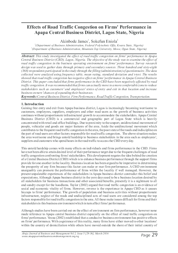 (PDF) Effects of Road Traffic Congestion on Firms' Performance in Apapa ...