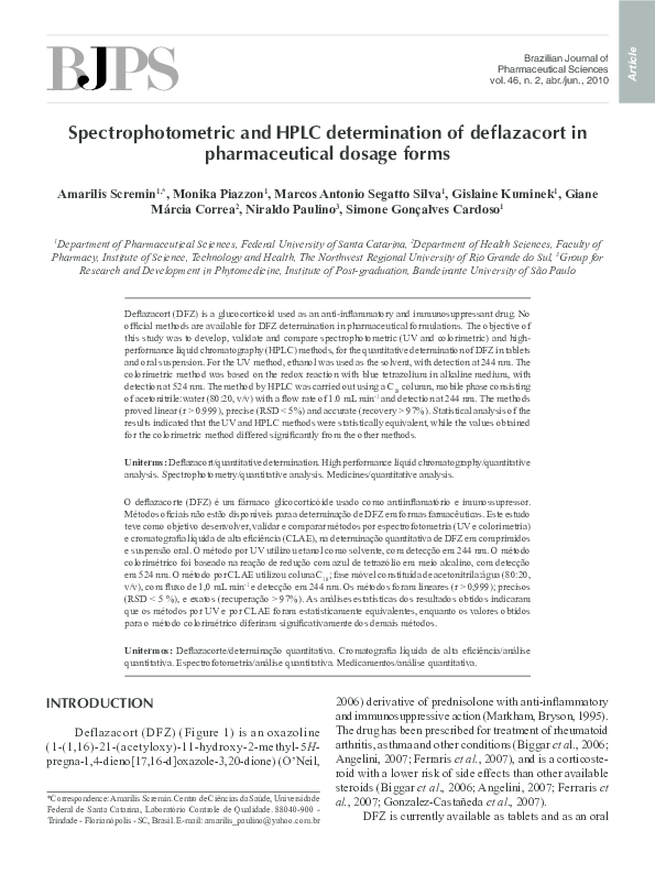 (PDF) Spectrophotometric and HPLC determination of deflazacort in